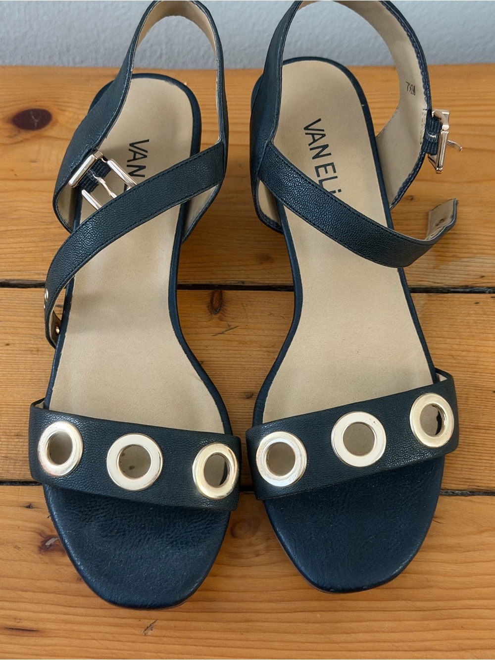VANELi Navy Wooden Heel Slingback Sandals with Gold Grommet Accents-7.5m
